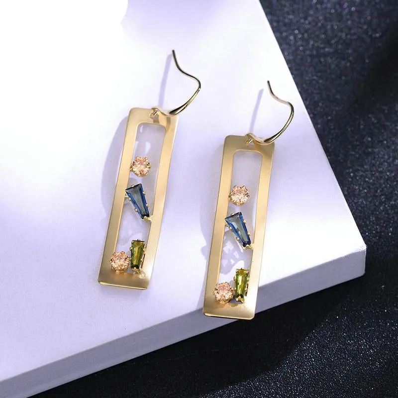 Korean Crystal Geometric Hollow Square Dangle Woman Drop Earrings