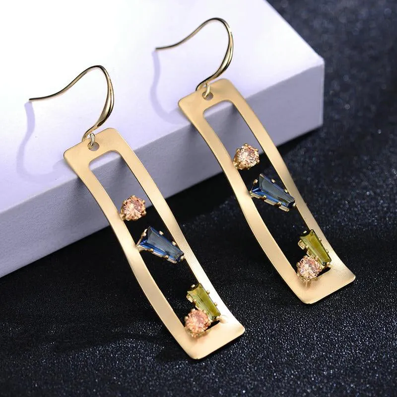 Korean Crystal Geometric Hollow Square Dangle Woman Drop Earrings