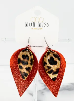 Leather Stacked Petal Earring "LeopardCrackle on  MetallicOrange"