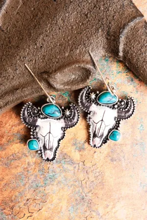 Litchfield Turquoise and Silvertone Steer Skull Earrings