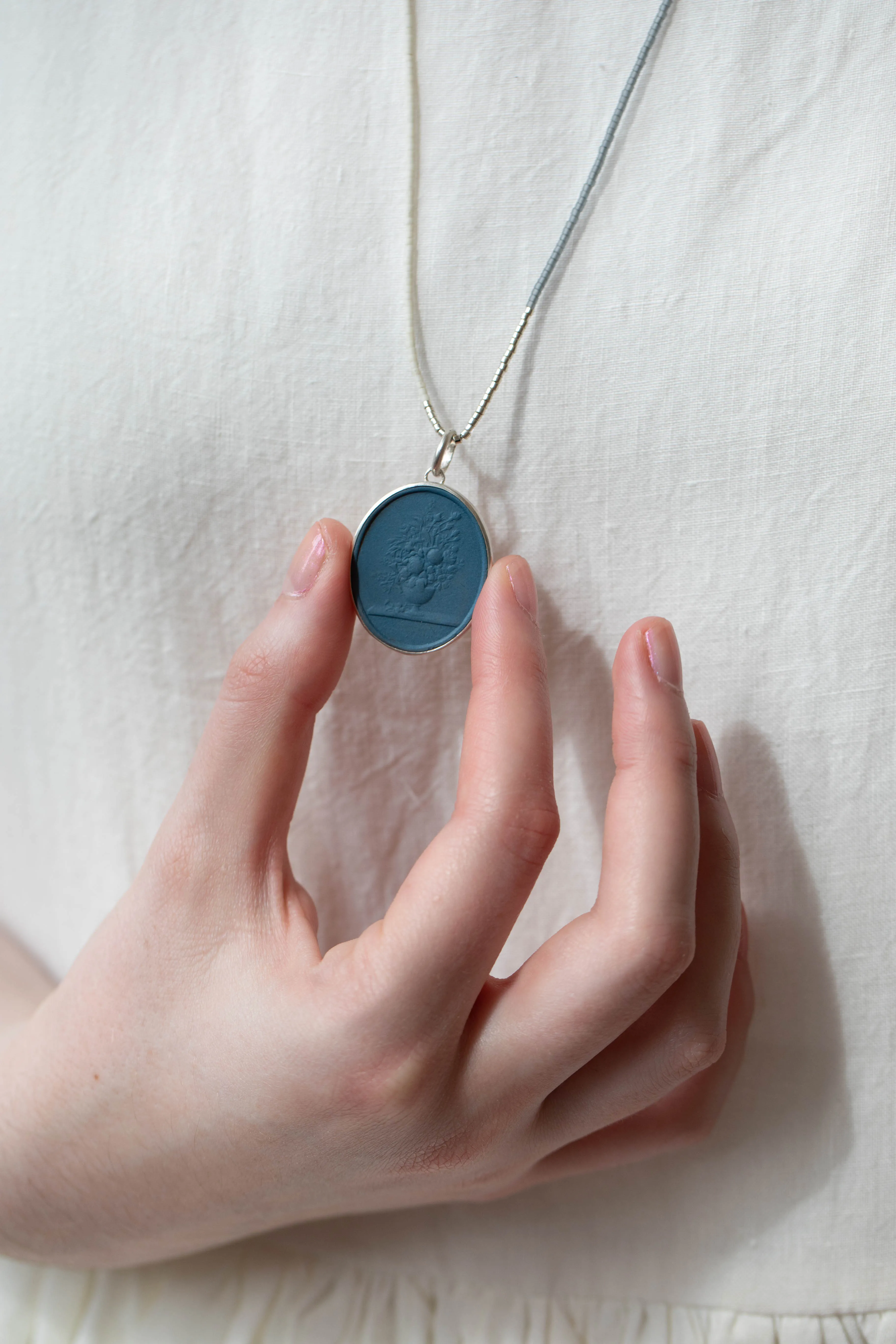 Marcie McGoldrick | Handset Cameo Necklace Vase with Flowers in Indigo