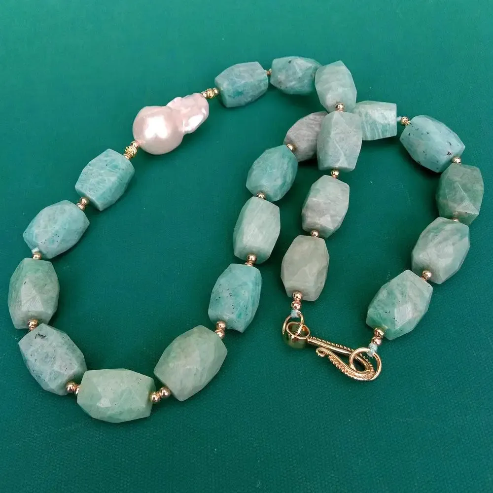 Natural Gemstone Green Amazonite & White Baroque Pearl Necklace