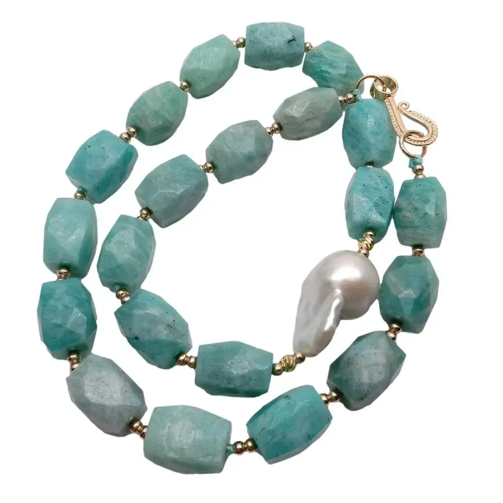 Natural Gemstone Green Amazonite & White Baroque Pearl Necklace