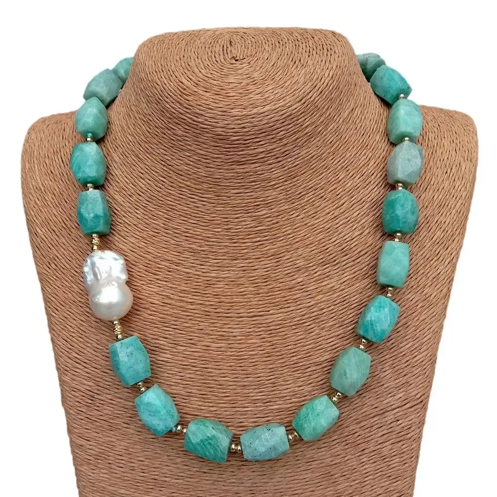 Natural Gemstone Green Amazonite & White Baroque Pearl Necklace