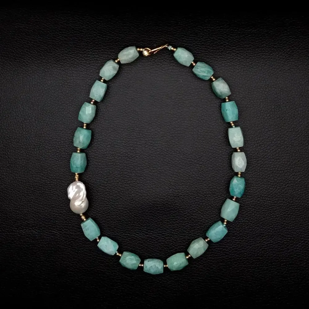 Natural Gemstone Green Amazonite & White Baroque Pearl Necklace