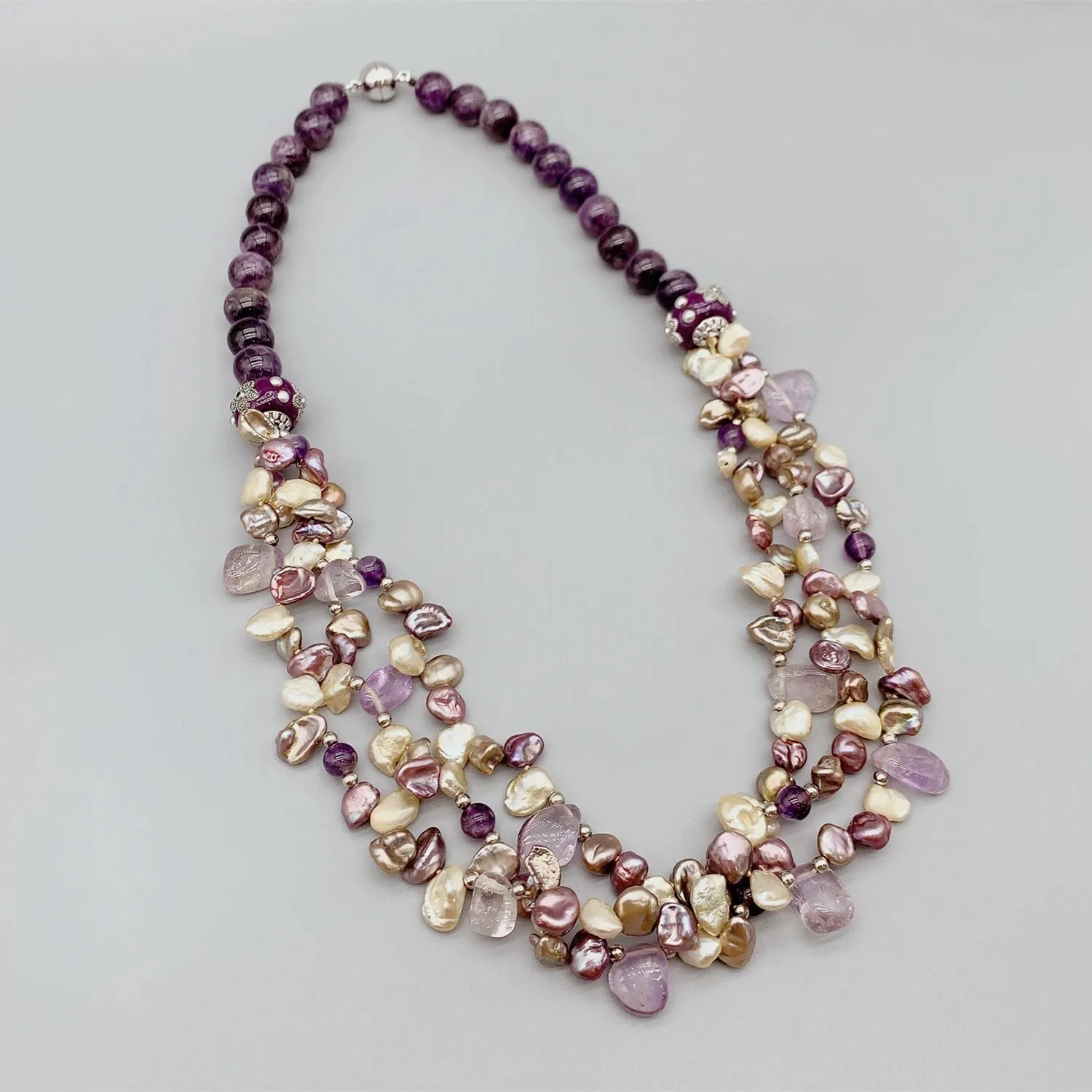 Natural Keshi Pearl & Amethyst Layered Gemstone Necklace