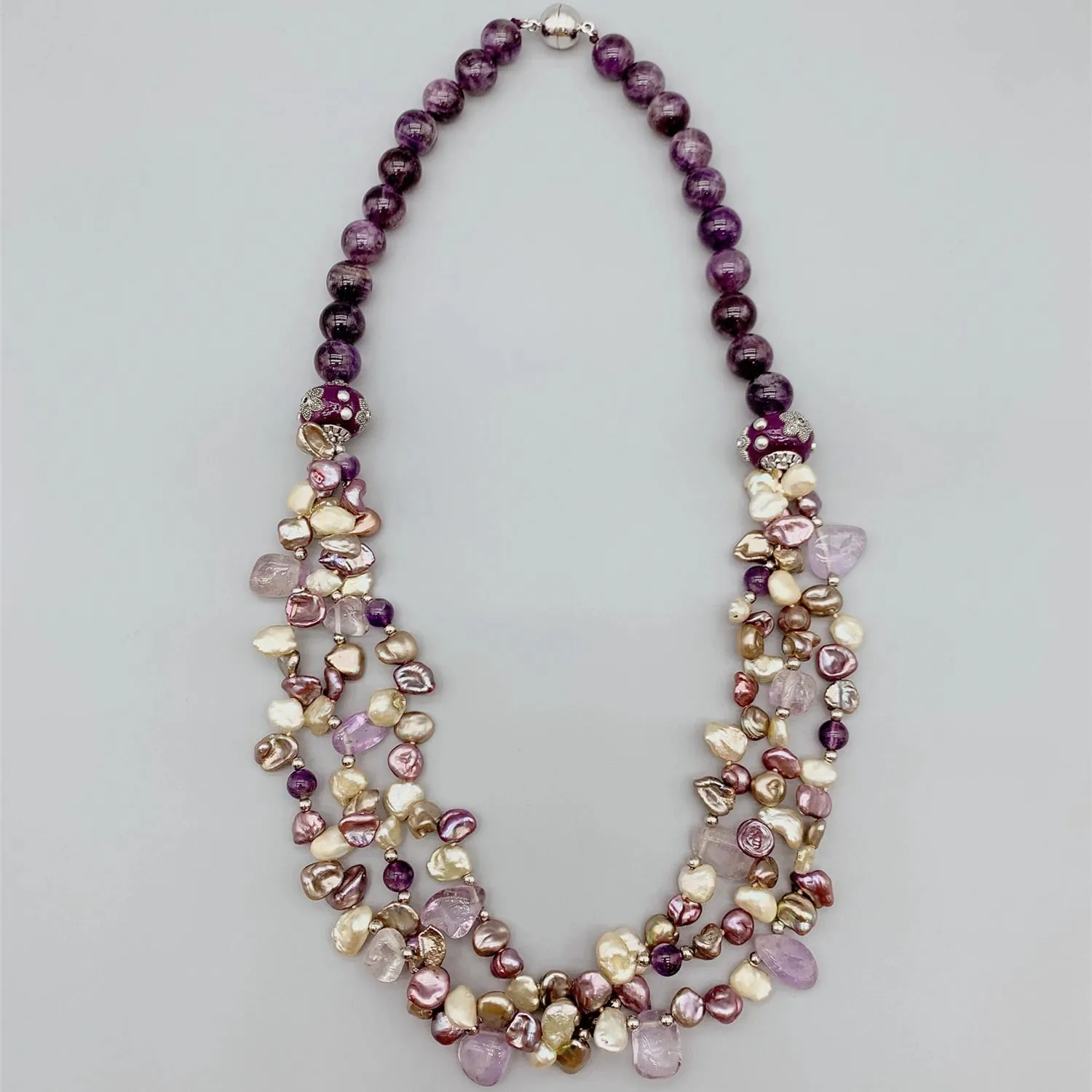 Natural Keshi Pearl & Amethyst Layered Gemstone Necklace