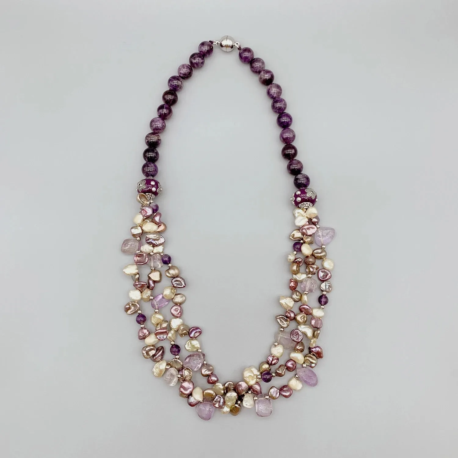 Natural Keshi Pearl & Amethyst Layered Gemstone Necklace