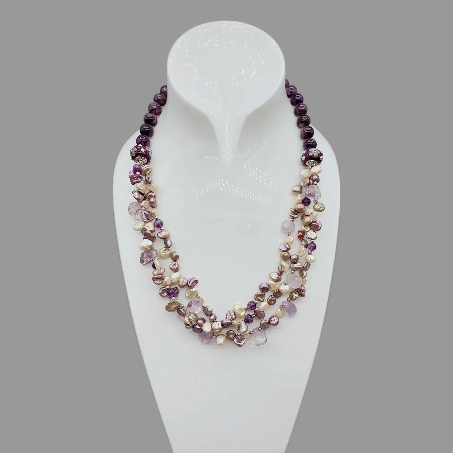 Natural Keshi Pearl & Amethyst Layered Gemstone Necklace