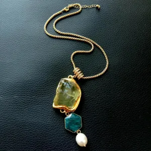 Natural Lemon Quartz & Blue Apatite Gemstone and Keshi Pearl Necklace