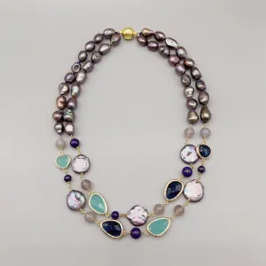 Natural Pearl And Aqua Blue Quartz & Lapis Gemstone Necklace