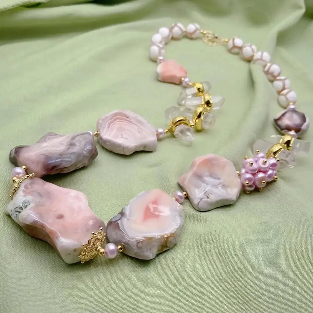 Natural Pink Botswanas Sardonyx Agates Nugget  Clear Quartz Pearl Necklace