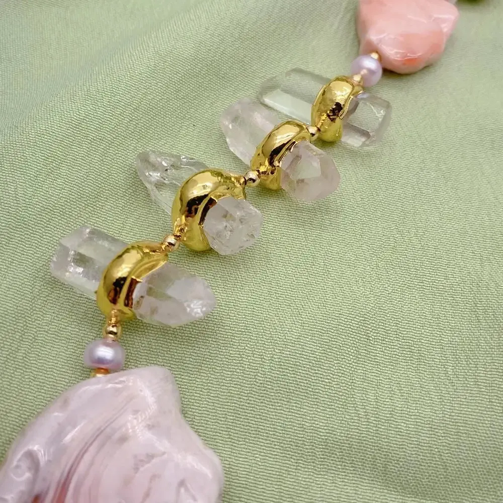 Natural Pink Botswanas Sardonyx Agates Nugget  Clear Quartz Pearl Necklace