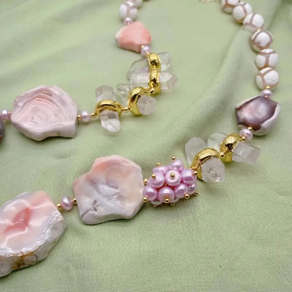 Natural Pink Botswanas Sardonyx Agates Nugget  Clear Quartz Pearl Necklace