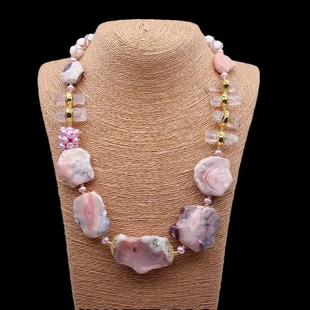 Natural Pink Botswanas Sardonyx Agates Nugget  Clear Quartz Pearl Necklace