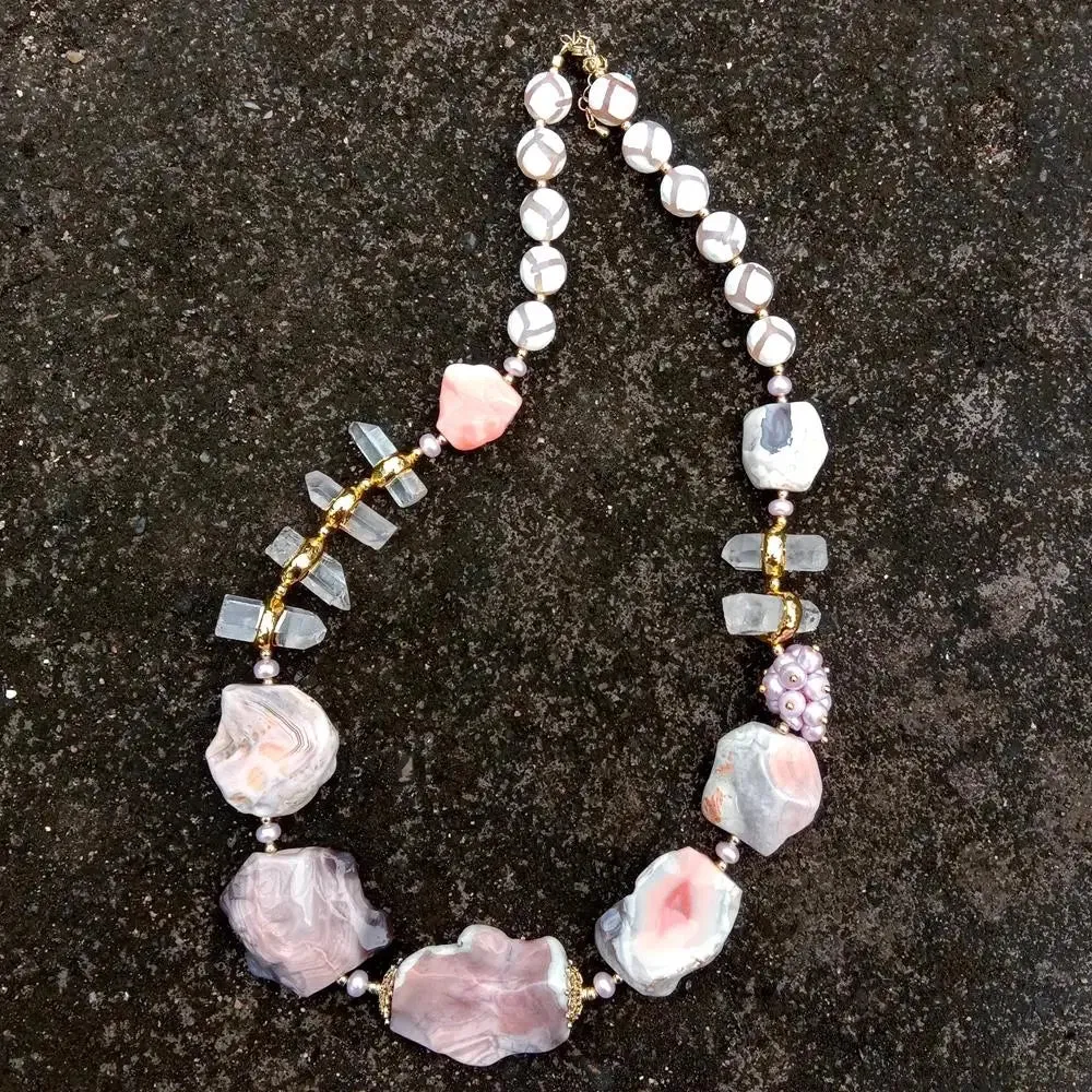 Natural Pink Botswanas Sardonyx Agates Nugget  Clear Quartz Pearl Necklace