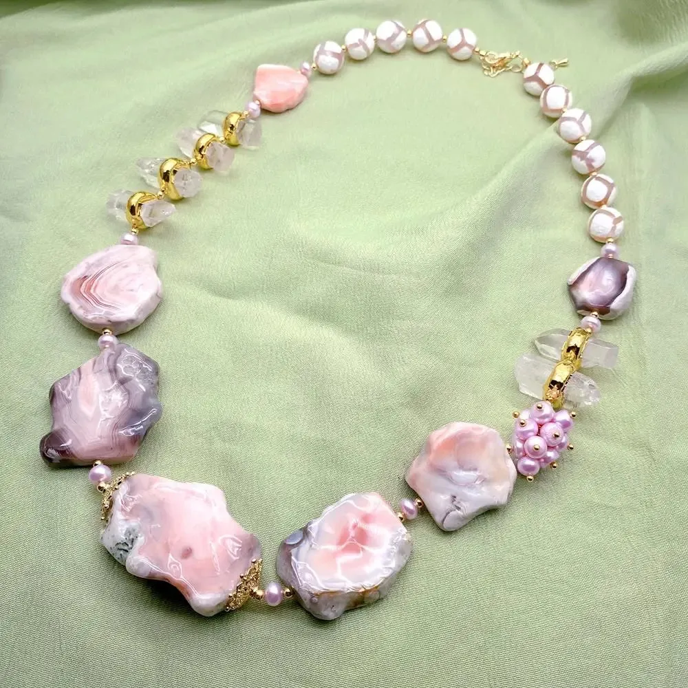 Natural Pink Botswanas Sardonyx Agates Nugget  Clear Quartz Pearl Necklace