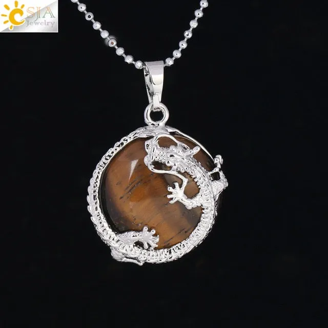 Necklaces Dragon Pendants Natural Stone Purple Crystal Pink Quartz Tiger Eye Lava Rock Flat Round Beads Fittings F304