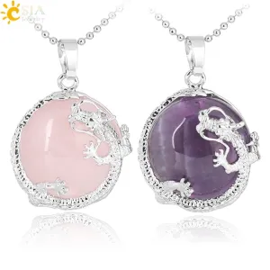 Necklaces Dragon Pendants Natural Stone Purple Crystal Pink Quartz Tiger Eye Lava Rock Flat Round Beads Fittings F304