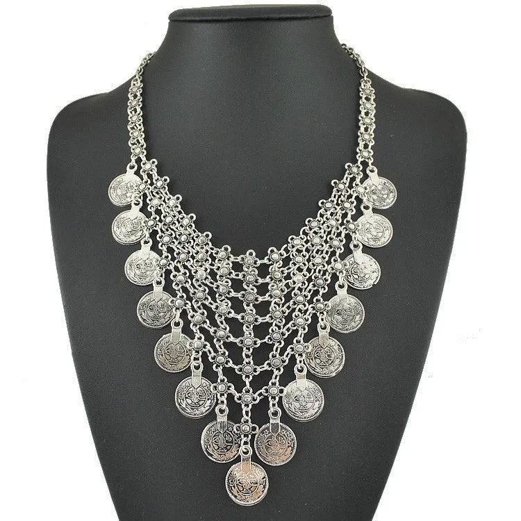 New AntiqueTibetan Silver Bohemian Style Metal Carving Coin Flower Long Tassel Statement Necklaces