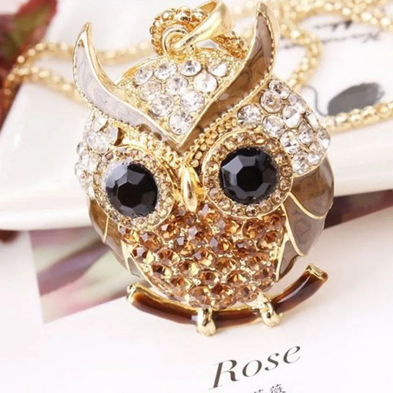 New Brand Charms Women 18K Gold Necklace Vintage Crystal Cubic Zircon Diamond Owl Necklaces&Pendants Fine Jewelry