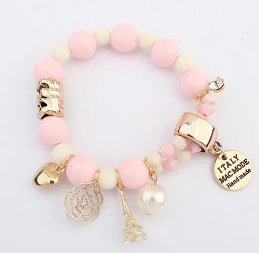 New Brand Fashion Temperament Charm Crystal Gem Pearl Beads Hearts Elastic Force Bracelet For Women Jewelry