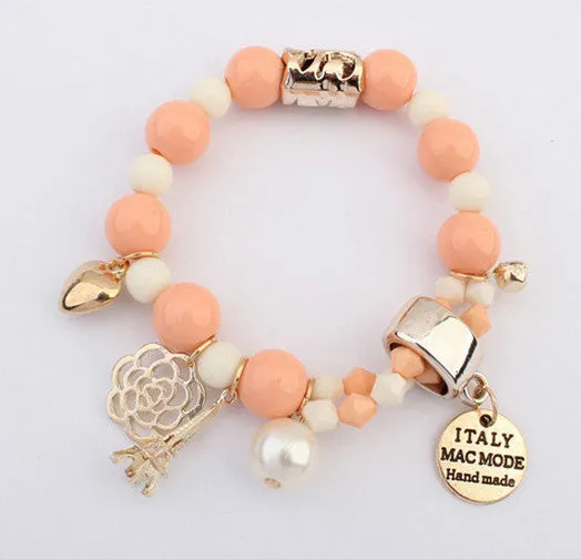 New Brand Fashion Temperament Charm Crystal Gem Pearl Beads Hearts Elastic Force Bracelet For Women Jewelry