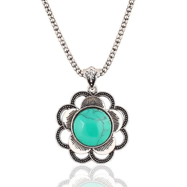 New Fashion Chain necklaces drop earrings Vintage Bracelets jewelry sets Turquoise Tibetan silver round gem Flower jewelry