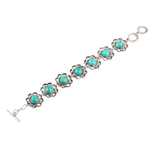 New Fashion Chain necklaces drop earrings Vintage Bracelets jewelry sets Turquoise Tibetan silver round gem Flower jewelry