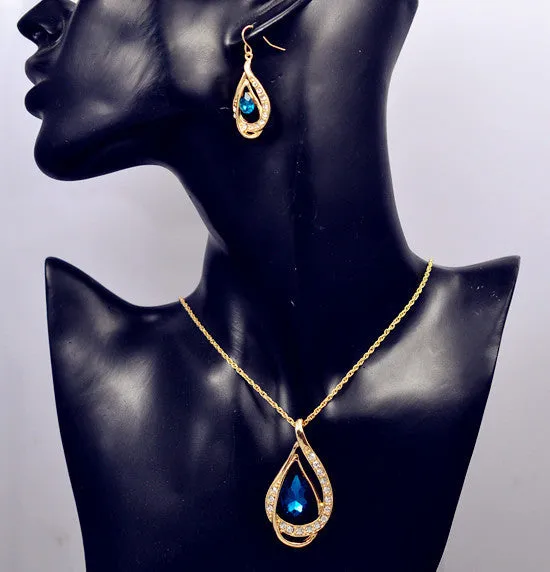 New fashion jewelry set gold plated crystal drop pendant necklace earring Top quality gift for women ladies