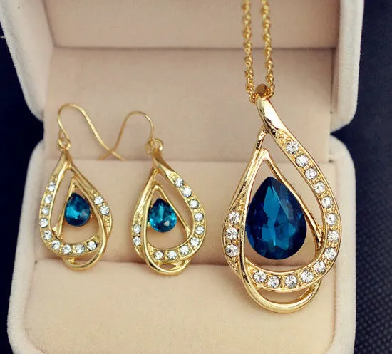 New fashion jewelry set gold plated crystal drop pendant necklace earring Top quality gift for women ladies