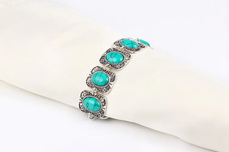 New Fashion Vintage Flower Turquoise jewelry sets Pendant necklace earrings bracelet jewelry set Anniversary Gift for women