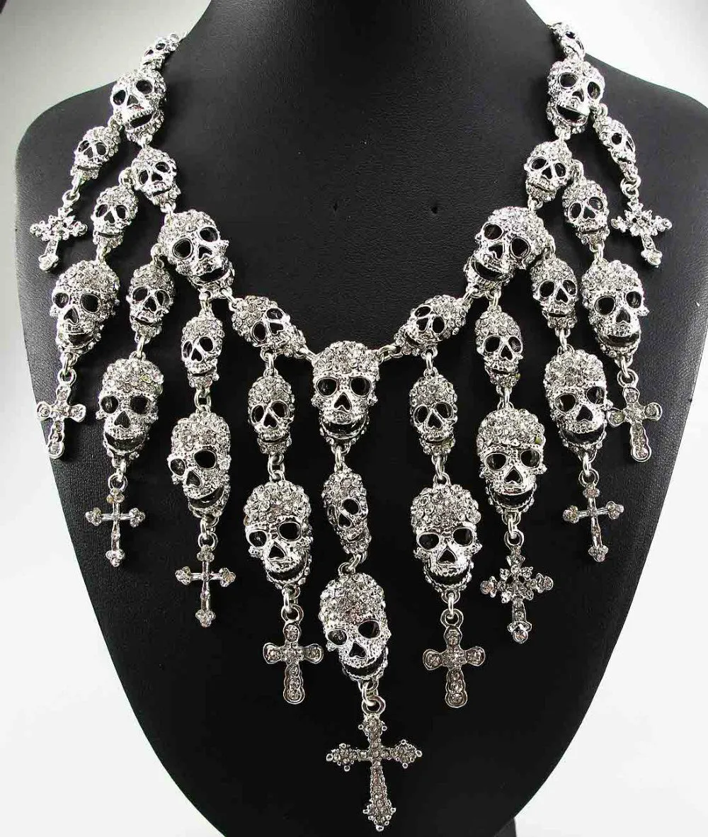 Newest Gorgeous Fashion Necklace Skeleton skull Cross Jewelry crystal Department Statement Women Choker Necklaces Pendants