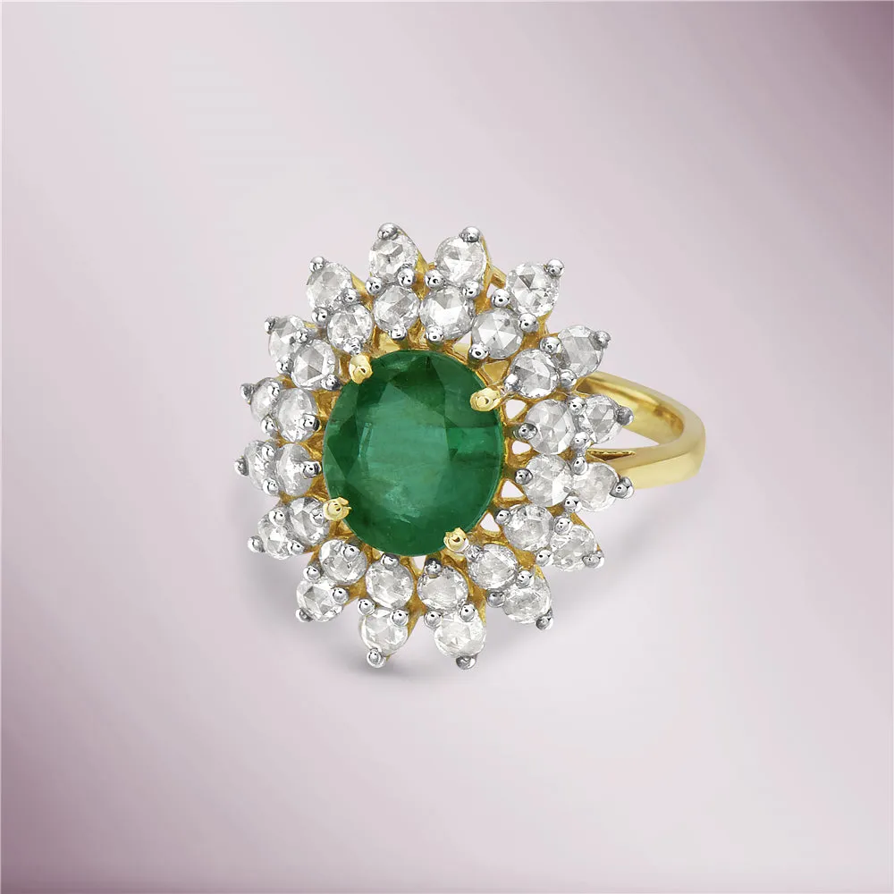 Oval Cut Emerald & Diamond Double Halo Engagement Ring (4.05 ct.) in 14K Gold