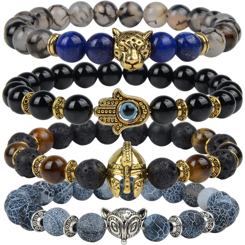 Owl Leopard Lion Head Buddha Beads Bracelet Charm Elastic Evil Eye Natural Stone Bracelet Hamsa Hand Lava Bracelet Men Helmet