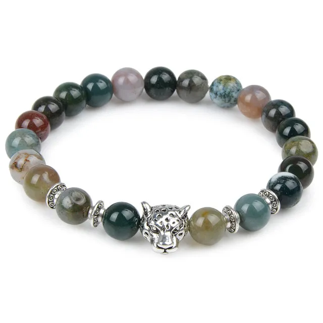 Owl Leopard Lion Head Buddha Beads Bracelet Charm Elastic Natural Stone Bracelet Animal Hand Lava Bracelet Men Helmet