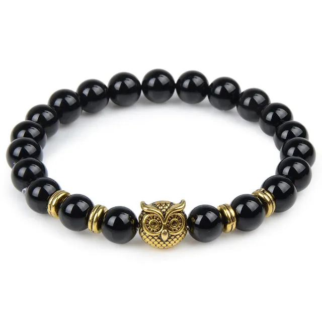 Owl Leopard Lion Head Buddha Beads Bracelet Charm Elastic Natural Stone Bracelet Animal Hand Lava Bracelet Men Helmet