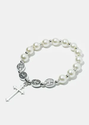 Pearl Bead & Cross Charm Bracelet