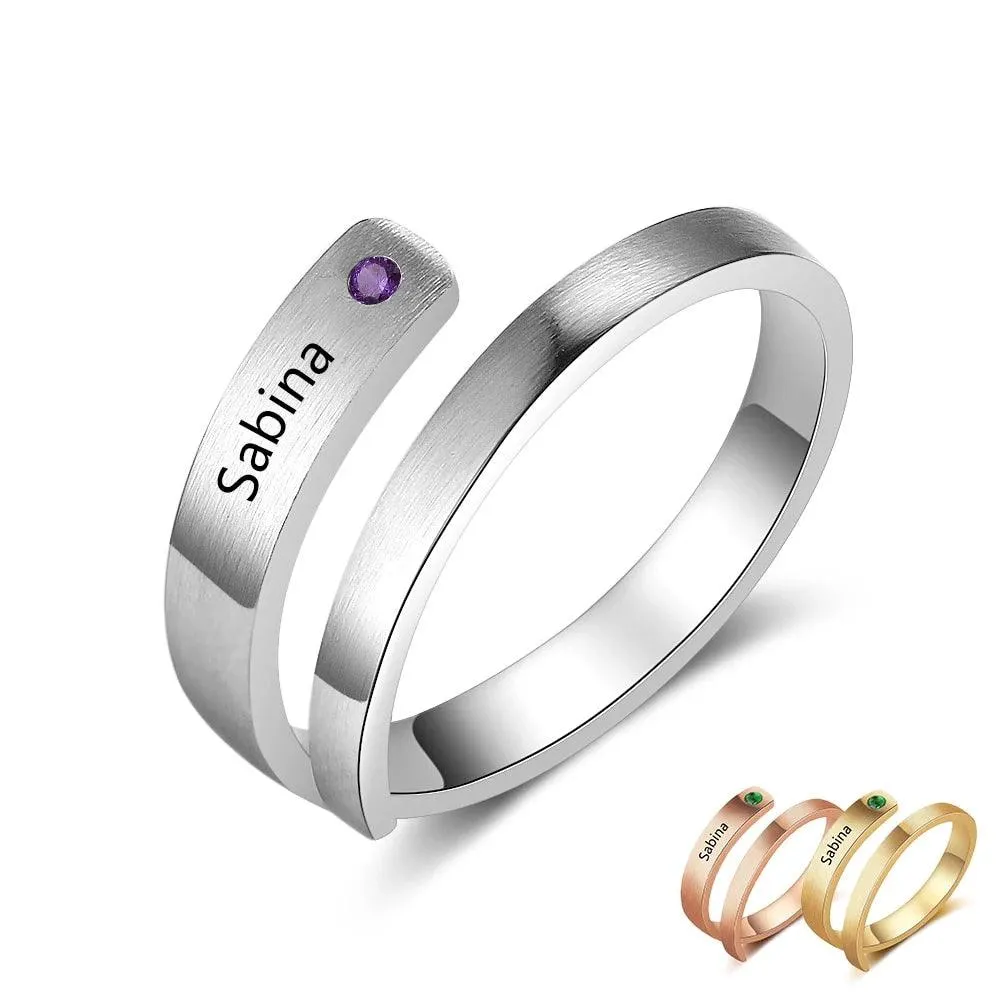 Personalized Stainless Steel Adjustable Wrap Rings For Women – Engrave Name And Customize Birthstone, 3 Color Options