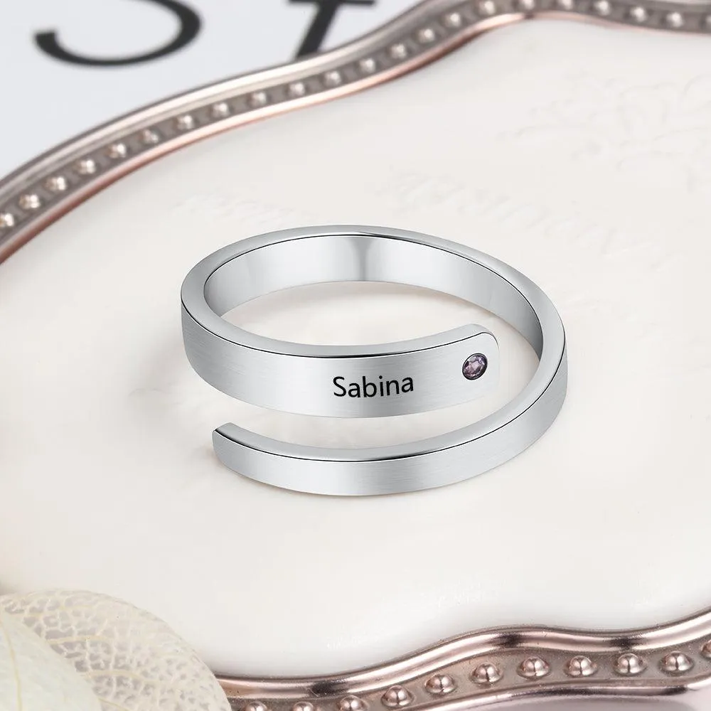 Personalized Stainless Steel Adjustable Wrap Rings For Women – Engrave Name And Customize Birthstone, 3 Color Options