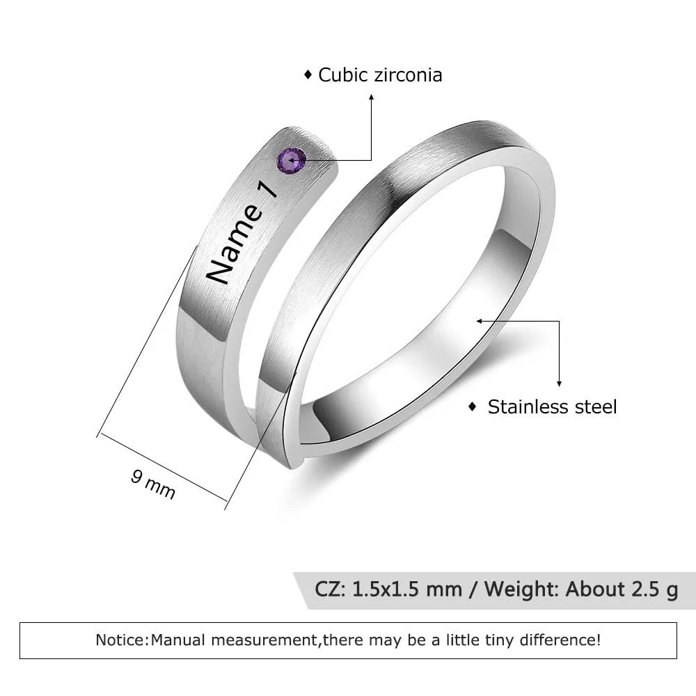 Personalized Stainless Steel Adjustable Wrap Rings For Women – Engrave Name And Customize Birthstone, 3 Color Options