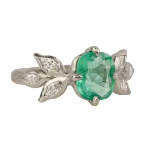 Platinum Leaf Branch Ring with Ethiopian Emerald and Diamonds