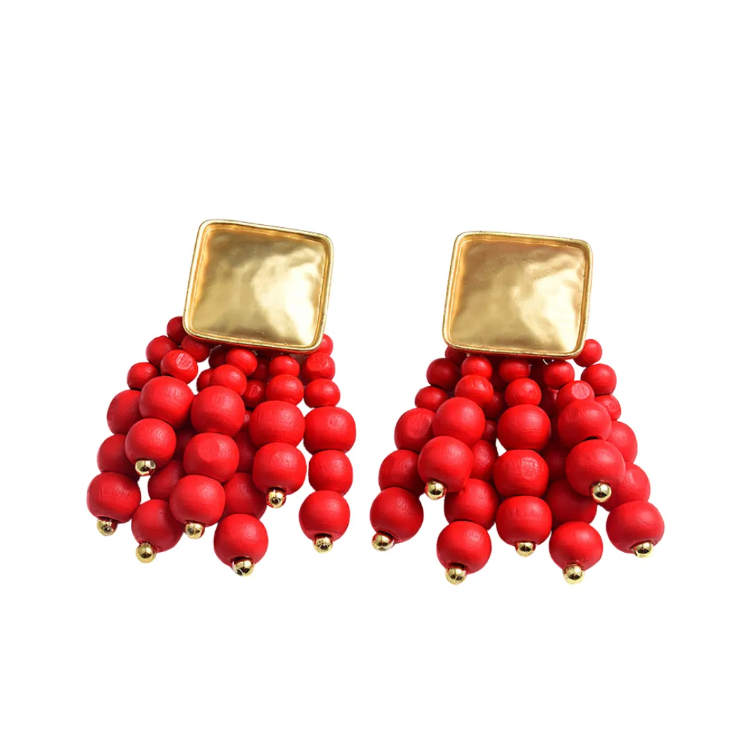 Pre Order:  Metal Wood Beads Tassel Earrings