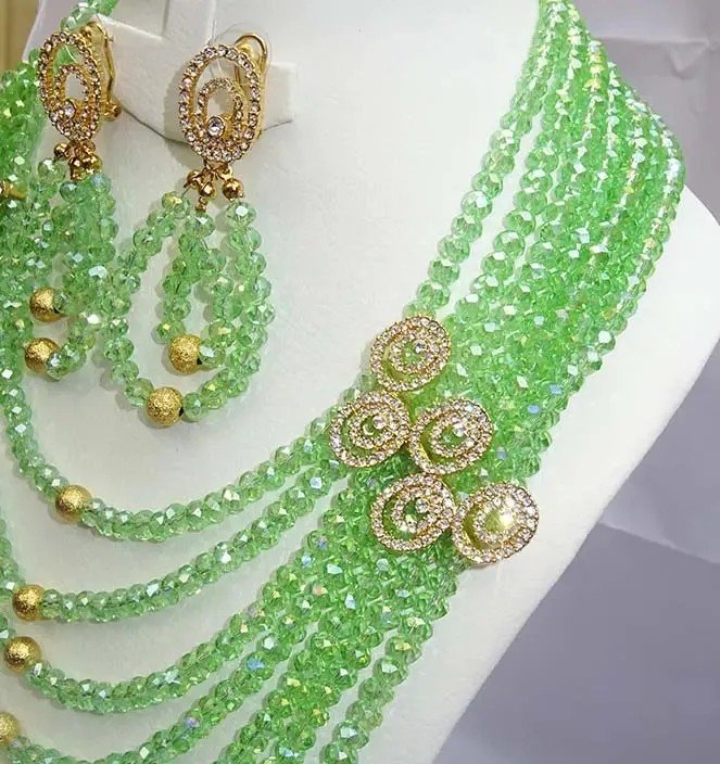 PrestigeApplause Crystal Green Multi Layers African Bridal Wedding Beads Jewellery Set