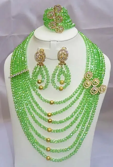 PrestigeApplause Crystal Green Multi Layers African Bridal Wedding Beads Jewellery Set