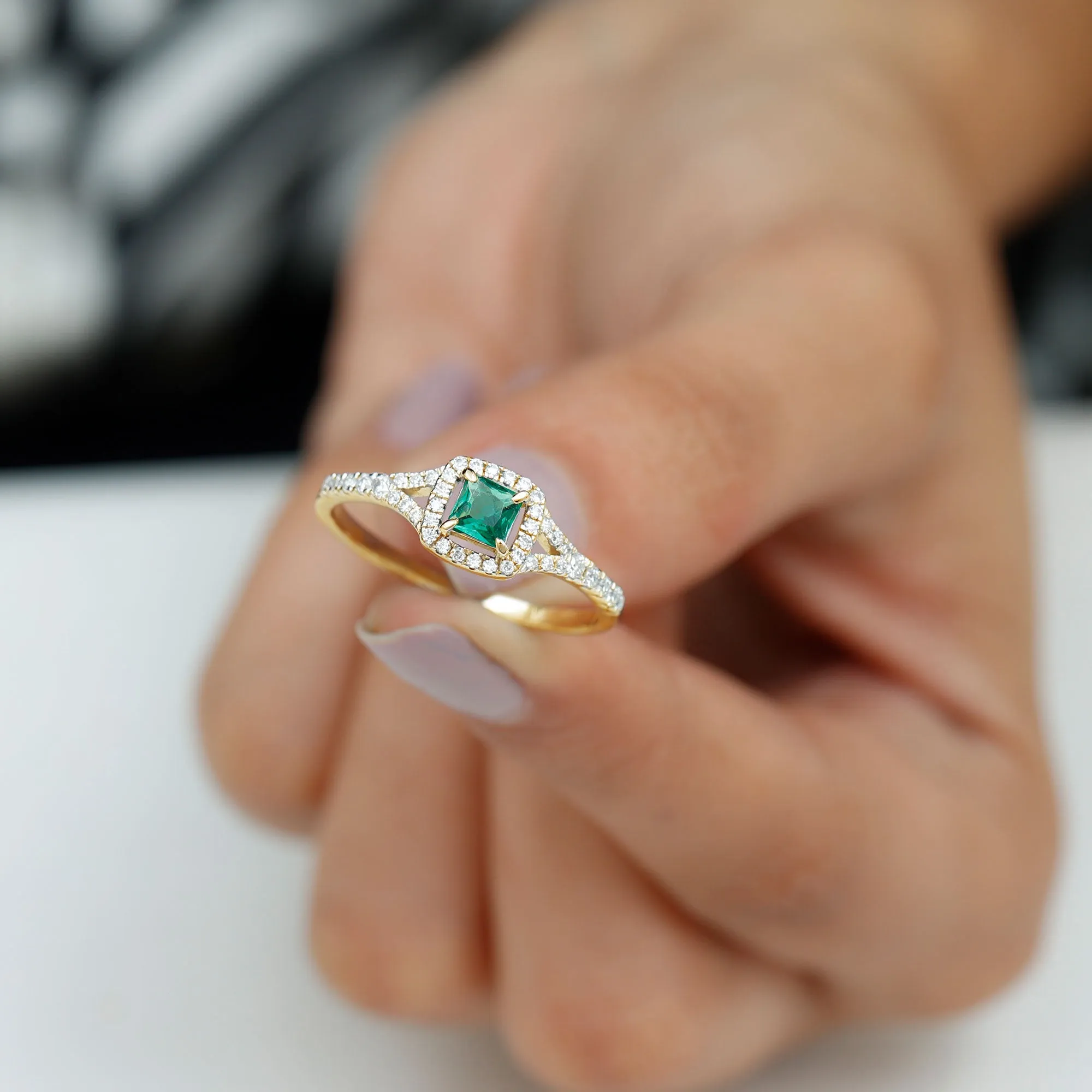 Princess Cut Lab Grown Emerald Designer Ring with Diamond Split Shank