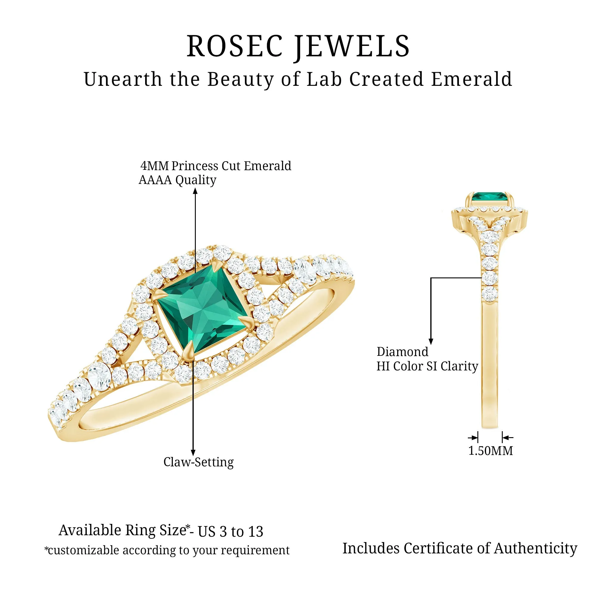 Princess Cut Lab Grown Emerald Designer Ring with Diamond Split Shank