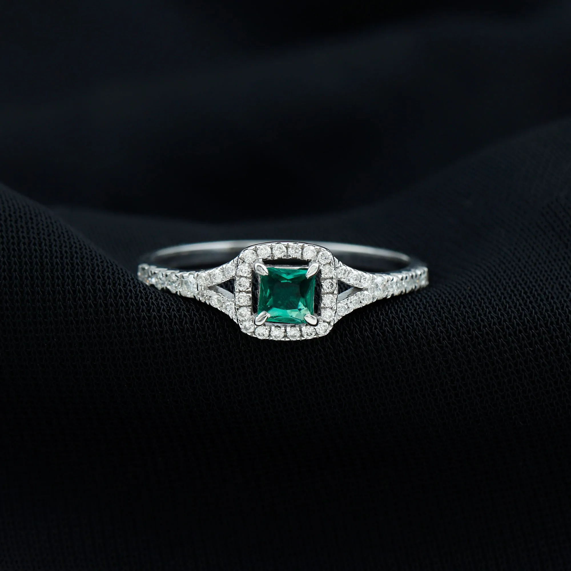 Princess Cut Lab Grown Emerald Designer Ring with Diamond Split Shank