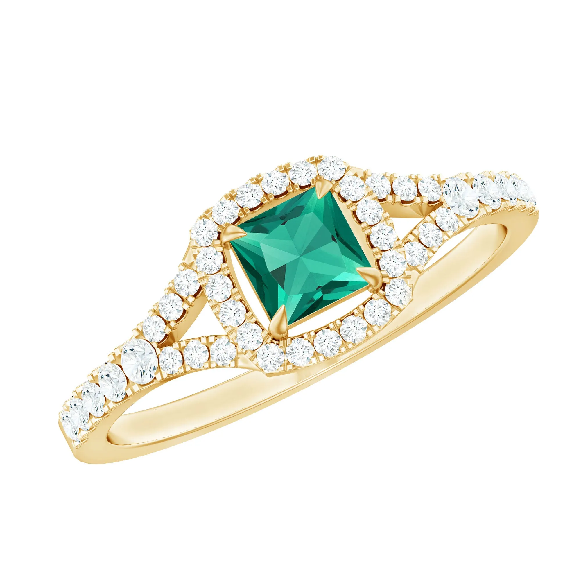 Princess Cut Lab Grown Emerald Designer Ring with Diamond Split Shank