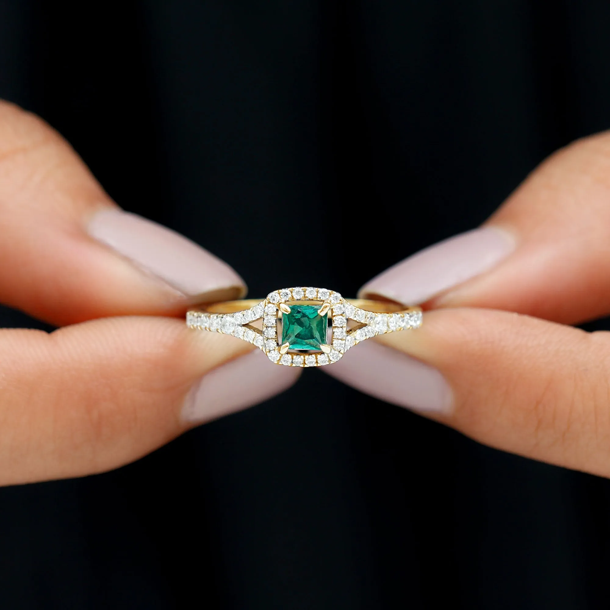 Princess Cut Lab Grown Emerald Designer Ring with Diamond Split Shank